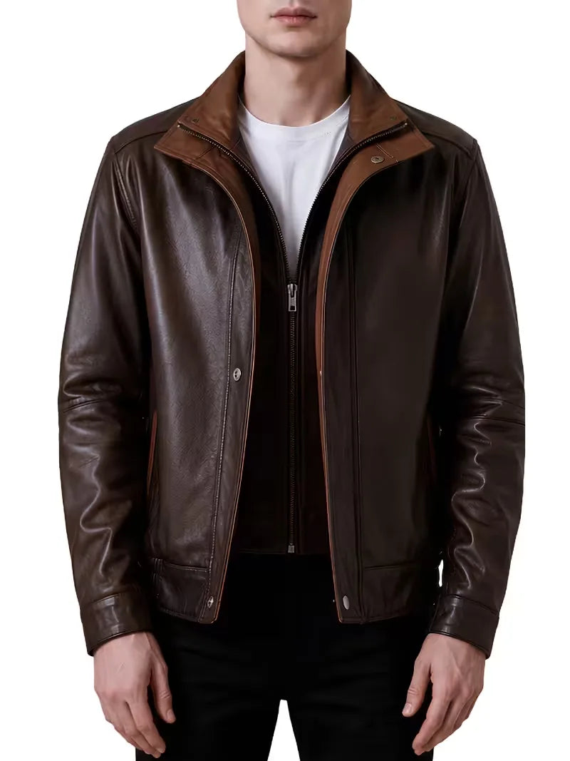 Men's black sheepskin leather hooded jacket, side view