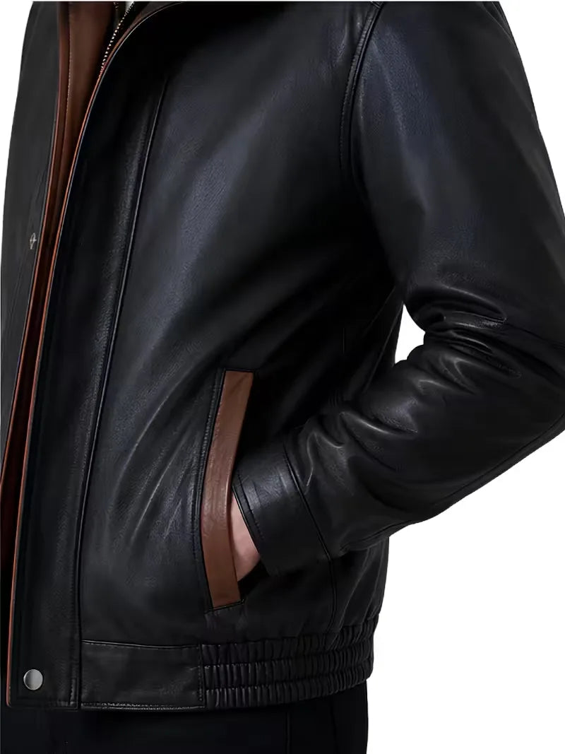 Men's black sheepskin leather hooded jacket, back view