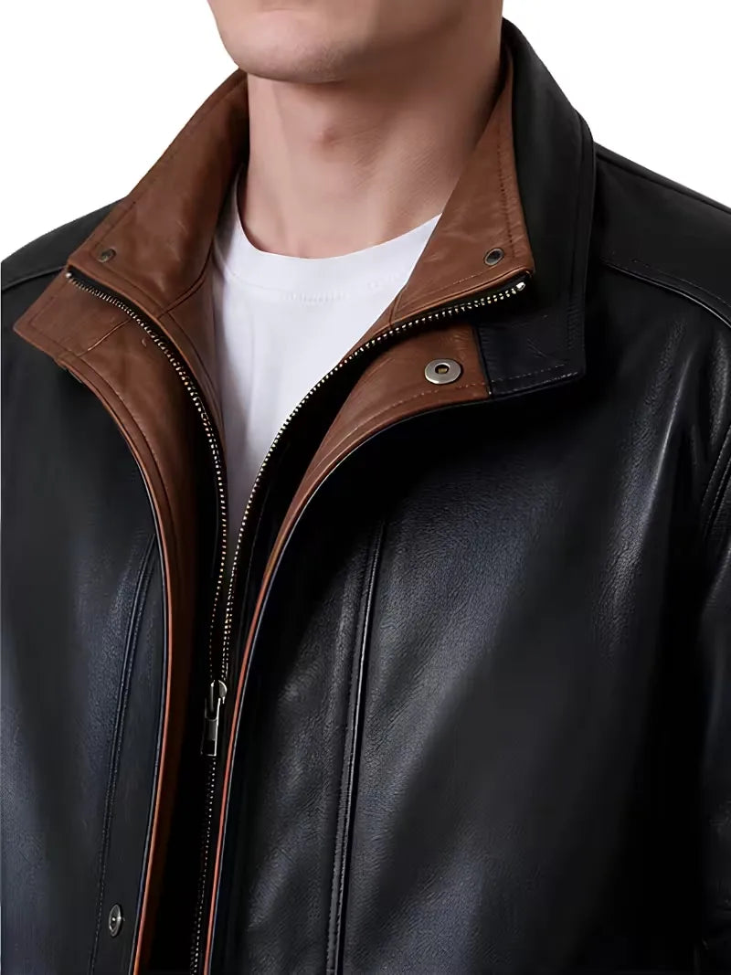 Men's black sheepskin leather hooded jacket, front view