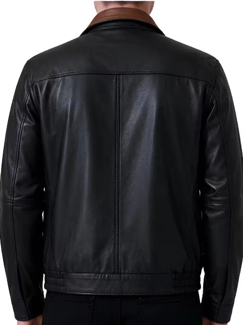 Men's black sheepskin leather hooded jacket, worn on model