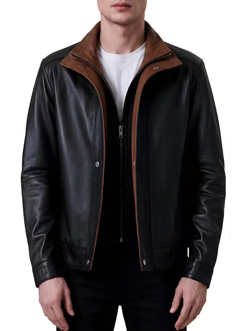 Men's black sheepskin leather hooded jacket, full length