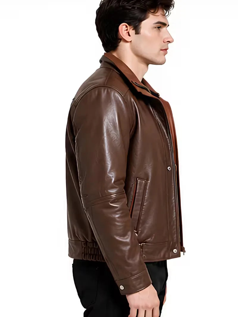 Men's black sheepskin leather hooded jacket, lining detail