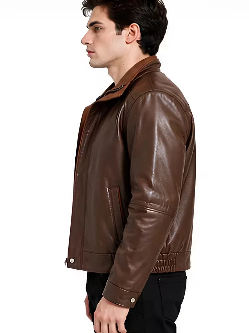 Men's black sheepskin leather hooded jacket, pocket detail
