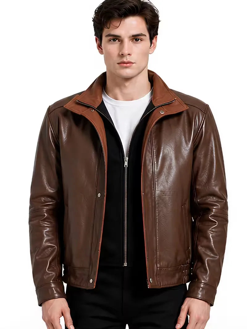 Men's black sheepskin leather hooded jacket, zip and closure detail
