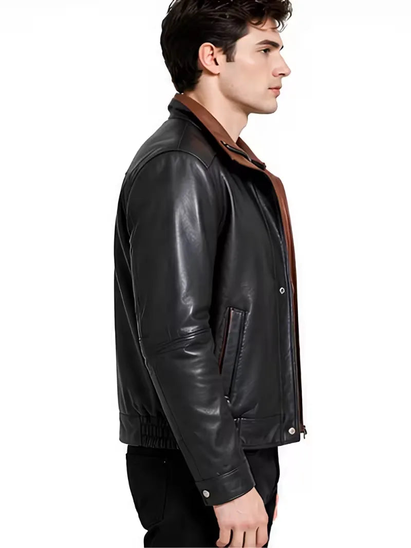 Men's black sheepskin leather hooded jacket, collar detail