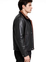Men's black sheepskin leather hooded jacket, collar detail