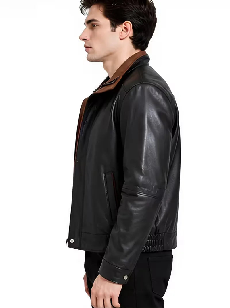 Men's black sheepskin leather hooded jacket, side view