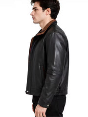 Men's black sheepskin leather hooded jacket, side view