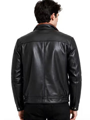 Men's black sheepskin leather hooded jacket, back view