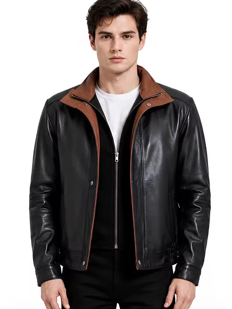 Men's black sheepskin leather hooded jacket, front view