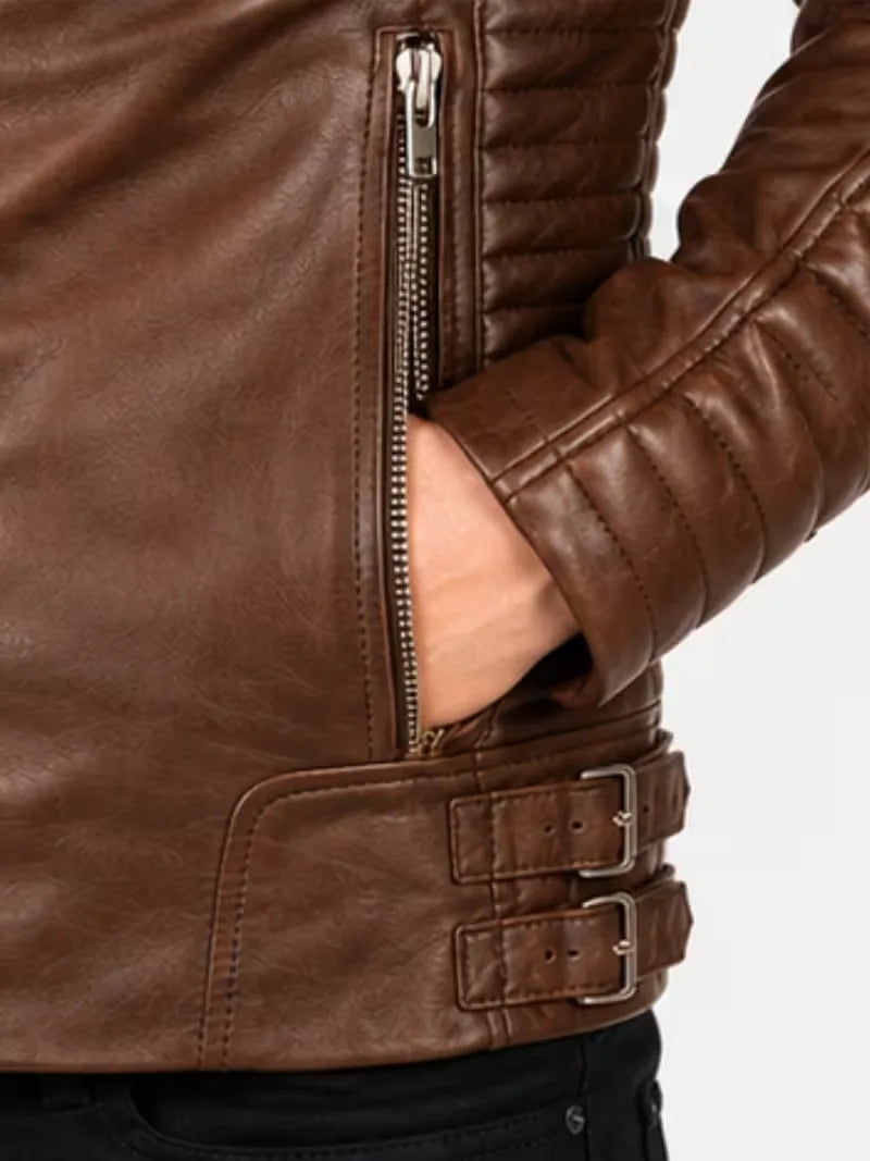 Men's black sheepskin leather jacket, zip and closure detail