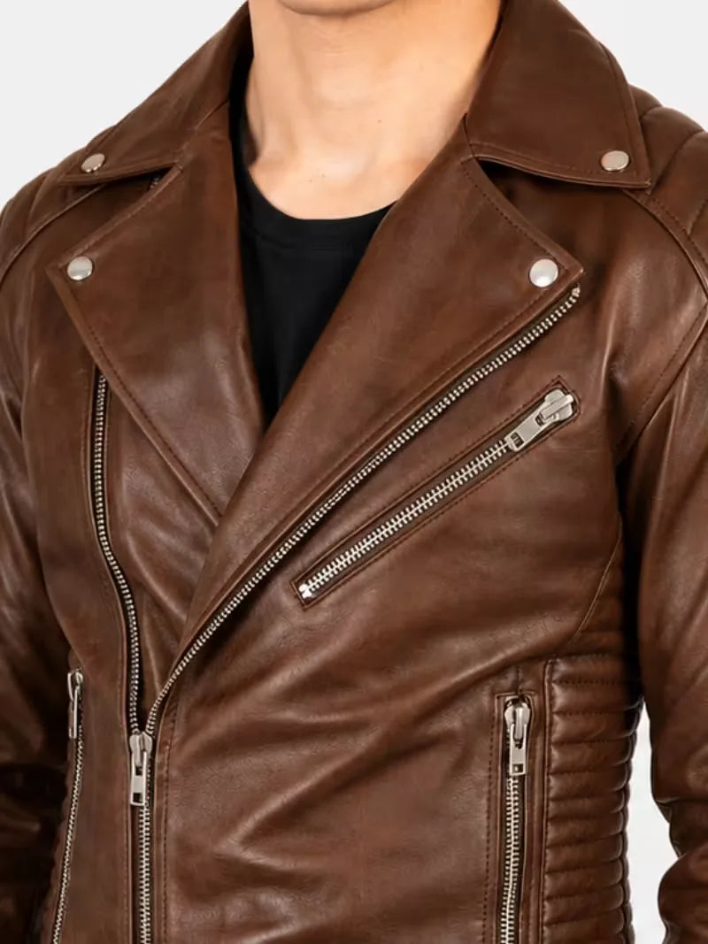 Men's black sheepskin leather jacket, collar detail