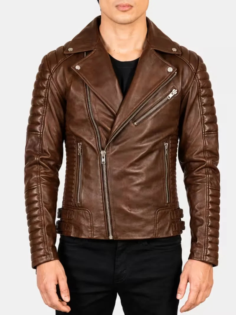 Men's black sheepskin leather jacket, side view