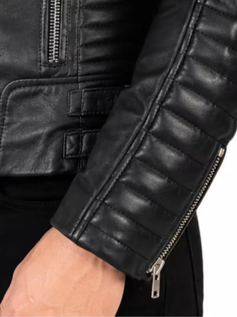 Men's black sheepskin leather jacket, back view