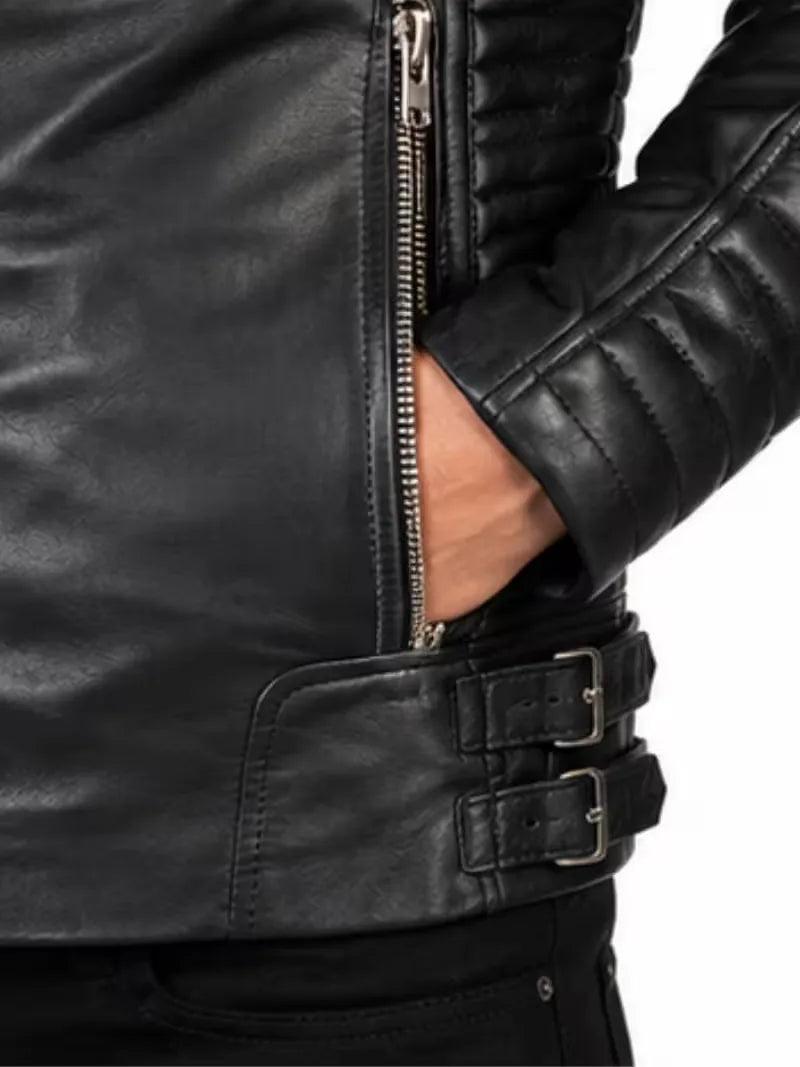 Men's black sheepskin leather jacket, front view