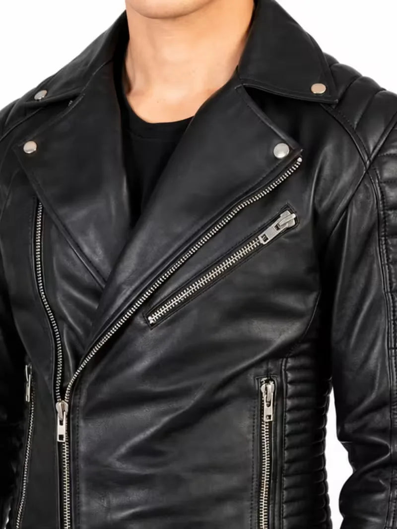 Men's black sheepskin leather jacket, worn on model