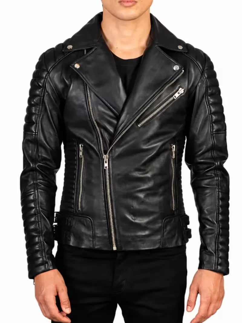 Men's black sheepskin leather jacket, full length