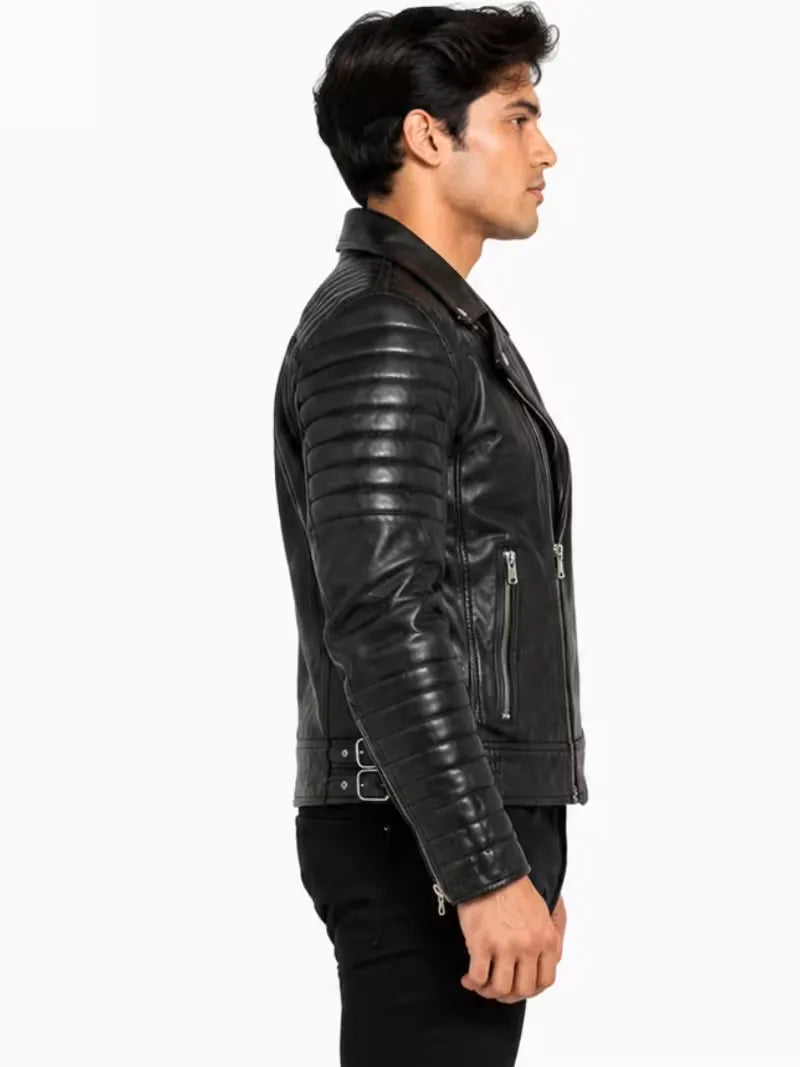 Men's black sheepskin leather jacket, collar detail