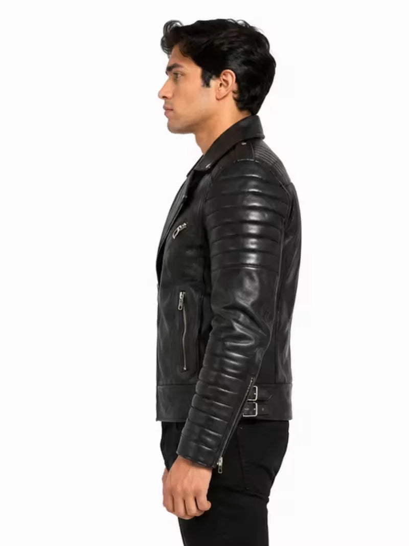 Men's black sheepskin leather jacket, side view