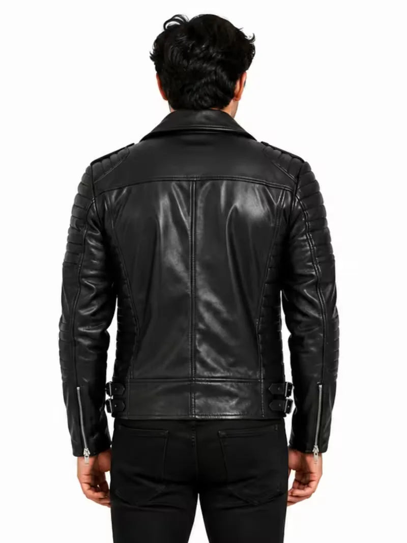 Men's black sheepskin leather jacket, back view