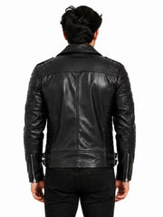 Men's black sheepskin leather jacket, back view