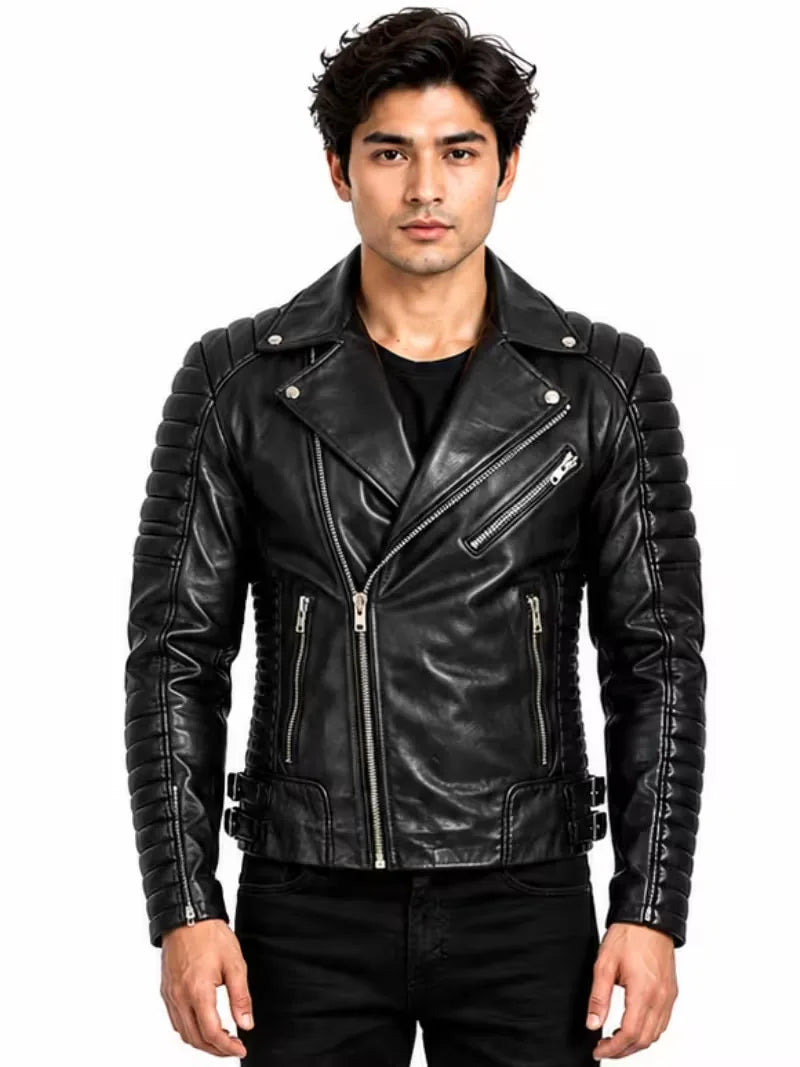 Men's black sheepskin leather jacket, front view