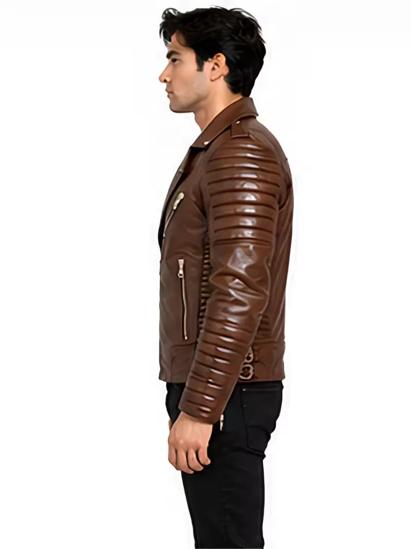 Men's black sheepskin leather jacket, pocket detail
