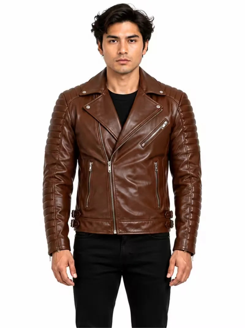 Men's black sheepskin leather jacket, zip and closure detail