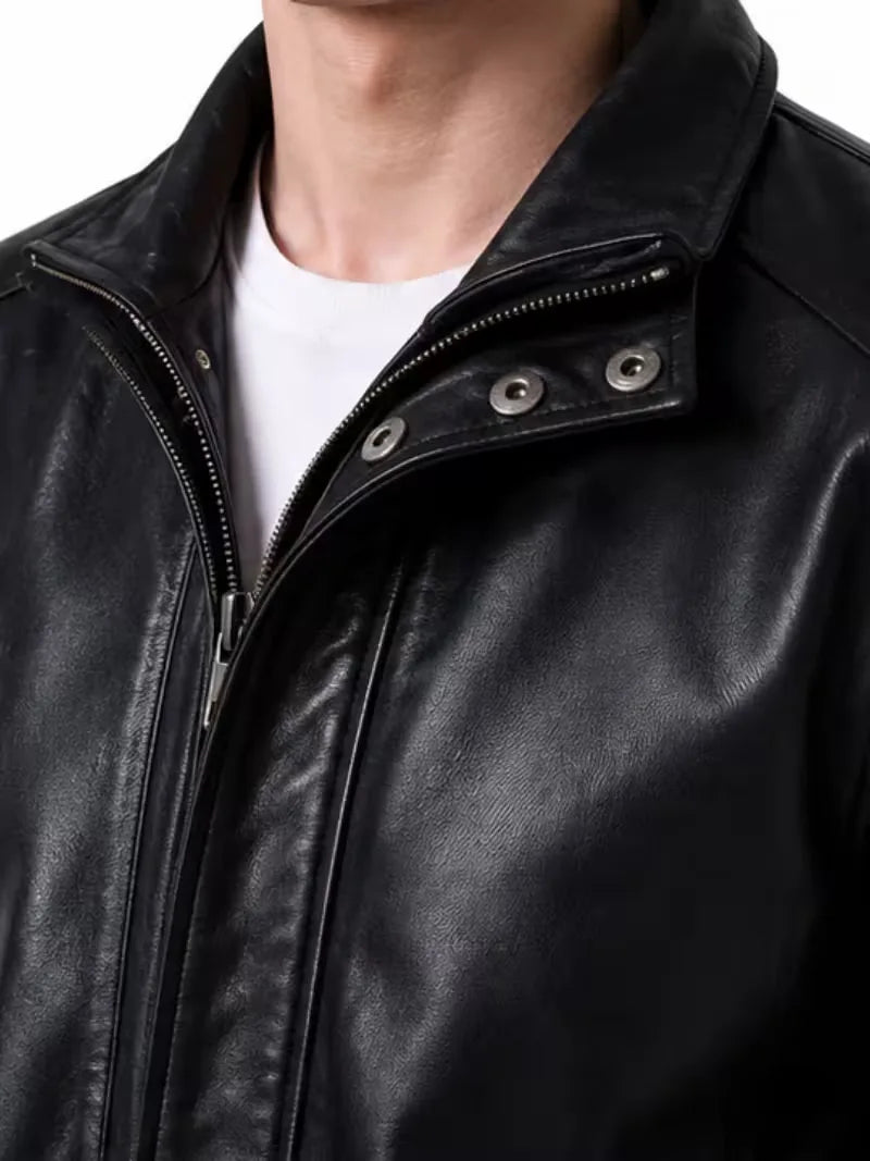 Men's black sheepskin leather jacket, worn on model