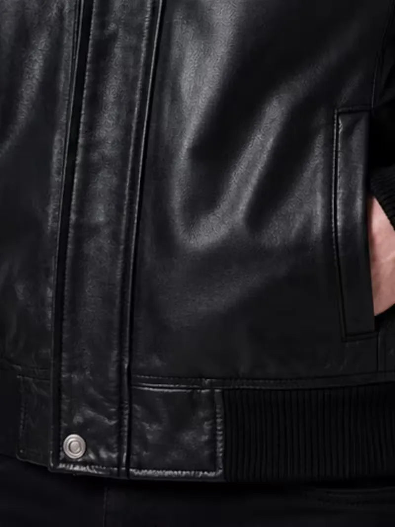 Men's black sheepskin leather jacket, front view