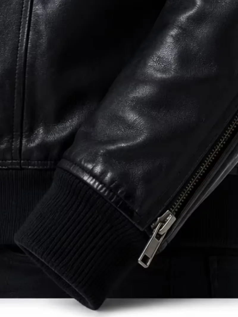 Men's black sheepskin leather jacket, back view