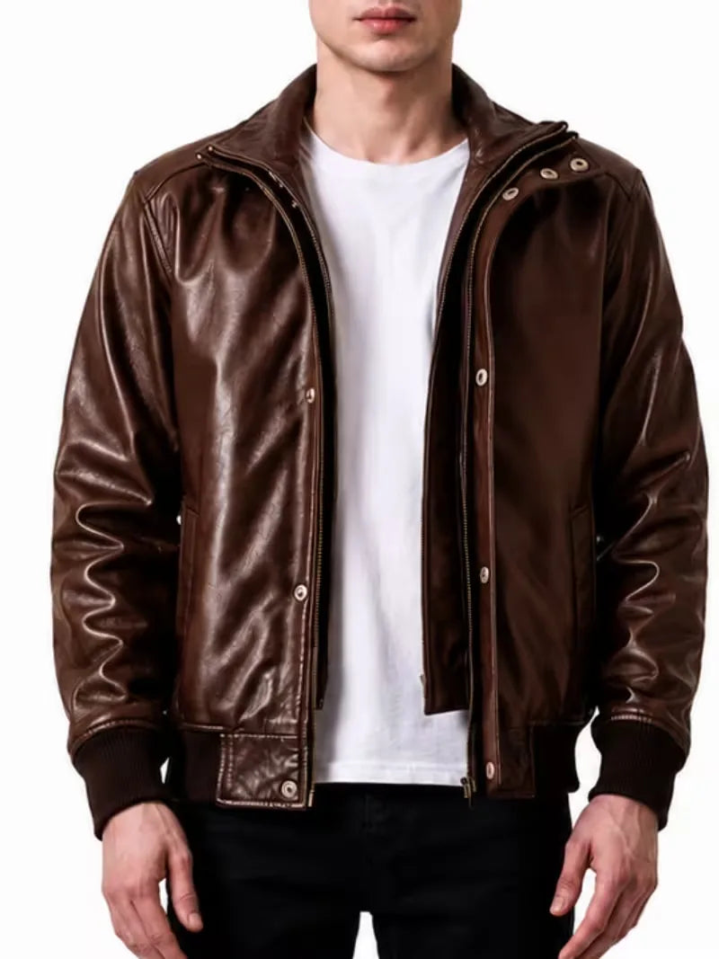 Men's black sheepskin leather jacket, side view