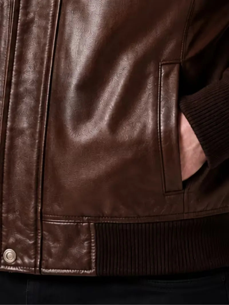 Men's black sheepskin leather jacket, zip and closure detail