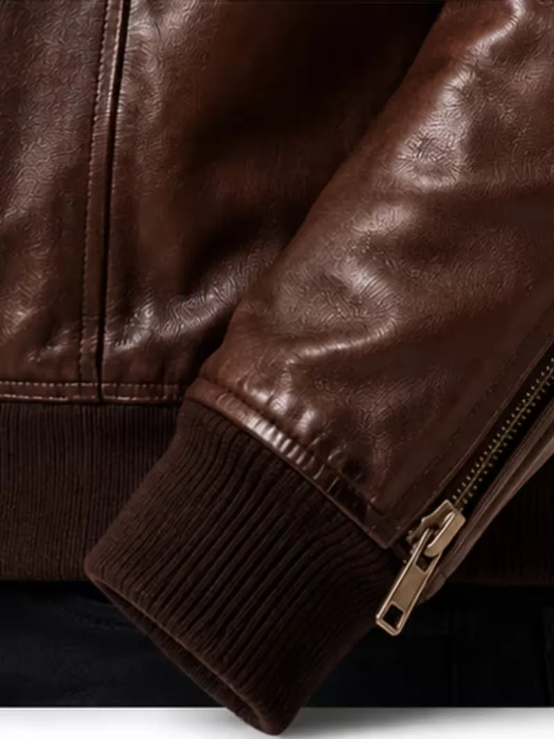 Men's black sheepskin leather jacket, cuff detail