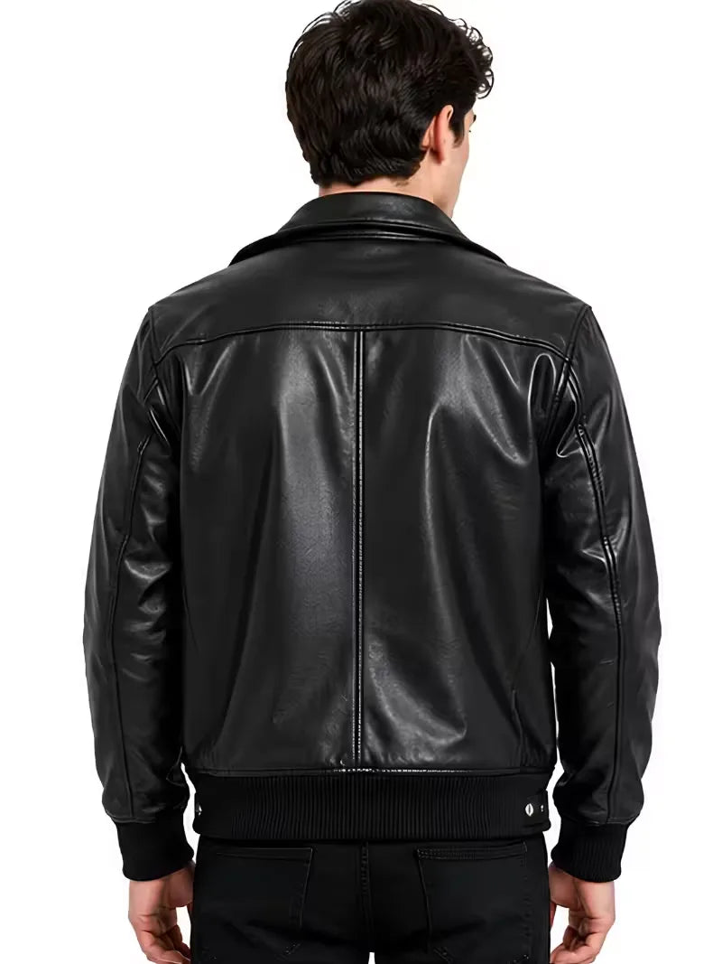 Men's black sheepskin leather jacket, back view