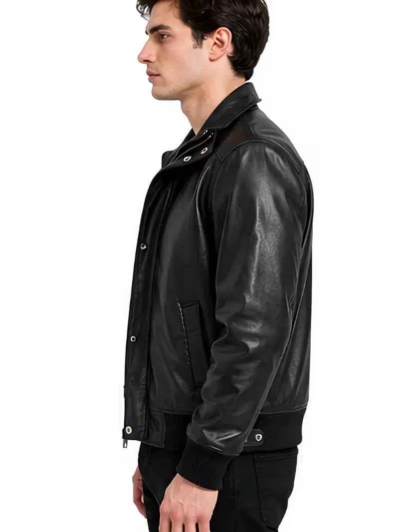 Men's black sheepskin leather jacket, side view