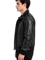 Men's black sheepskin leather jacket, side view