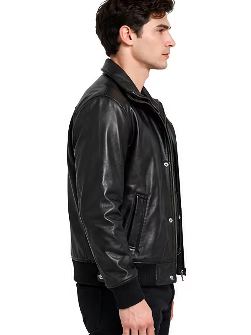 Men's black sheepskin leather jacket, collar detail