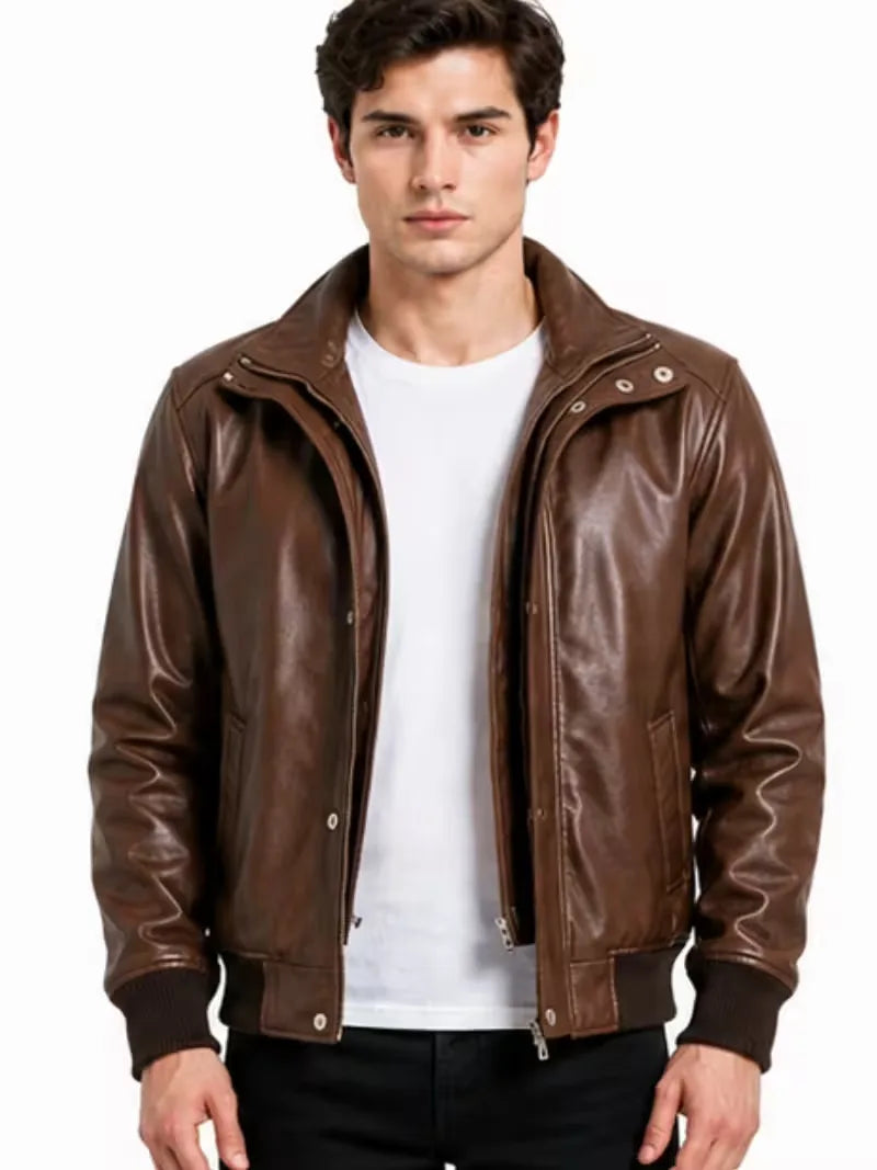 Men's black sheepskin leather jacket, zip and closure detail