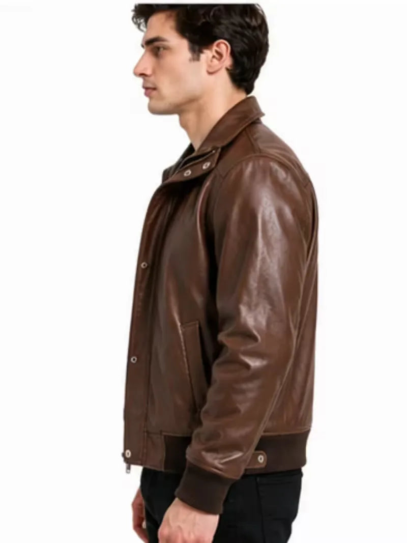 Men's black sheepskin leather jacket, pocket detail