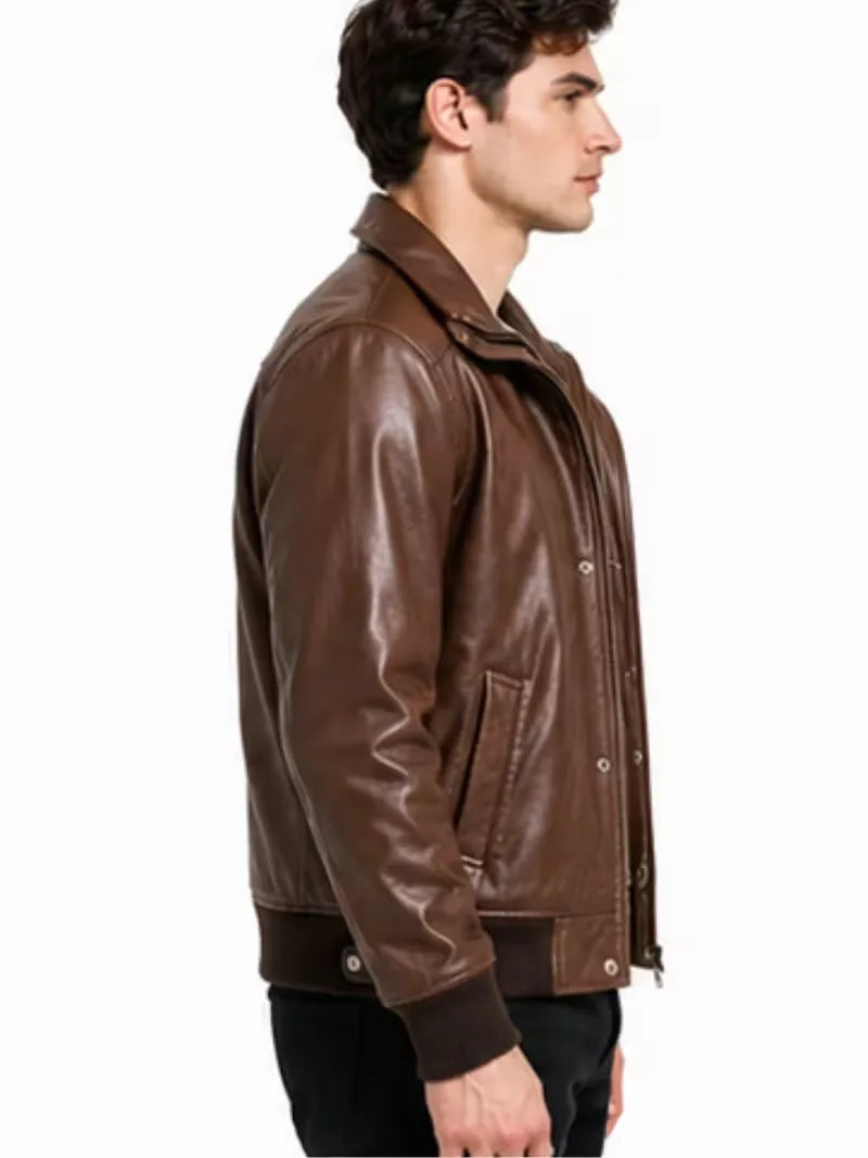 Men's black sheepskin leather jacket, lining detail