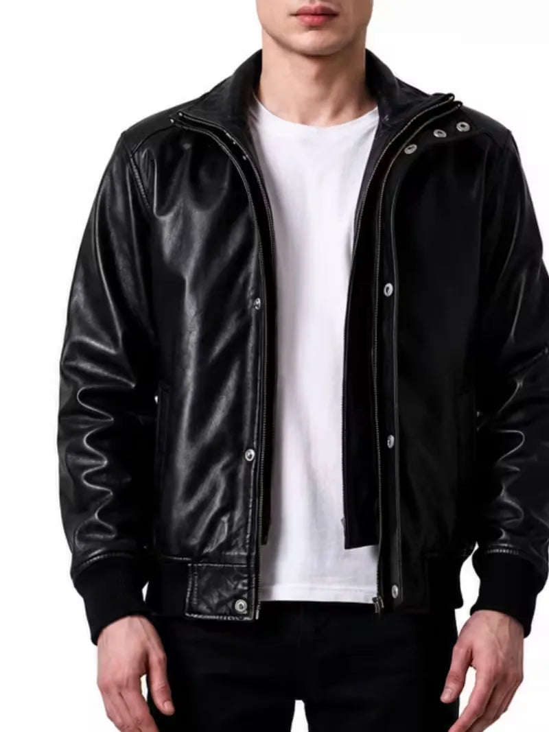 Men's black sheepskin leather jacket, full length