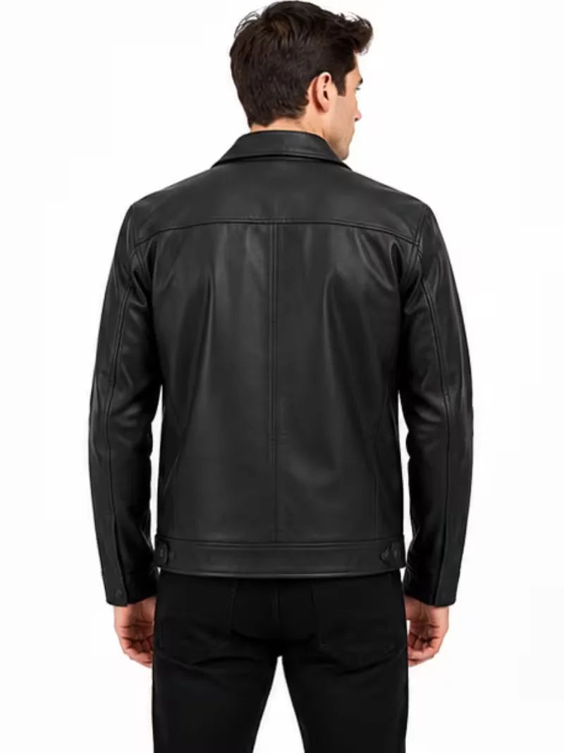 Men's black leather leather jacket, back view