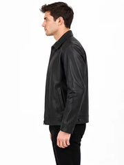 Men's black leather leather jacket, side view