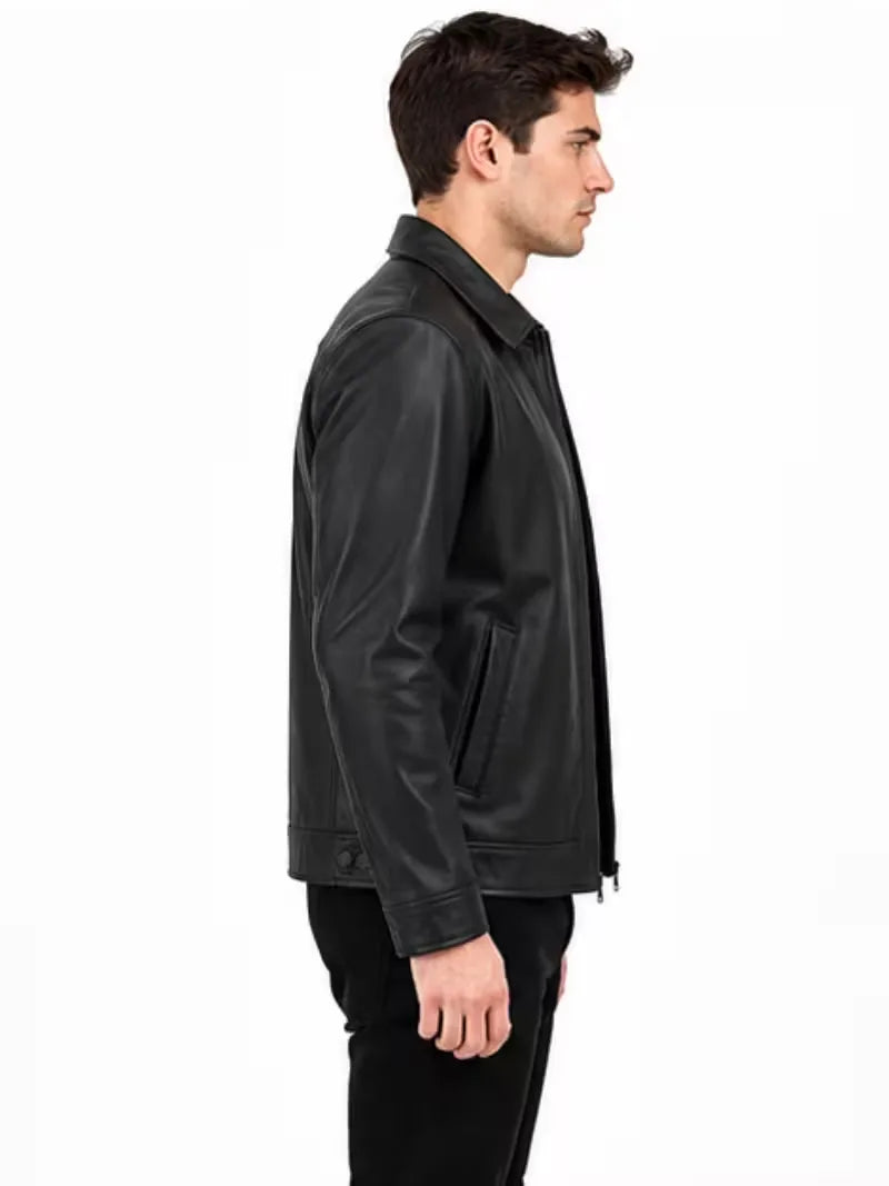 Men's black leather leather jacket, collar detail