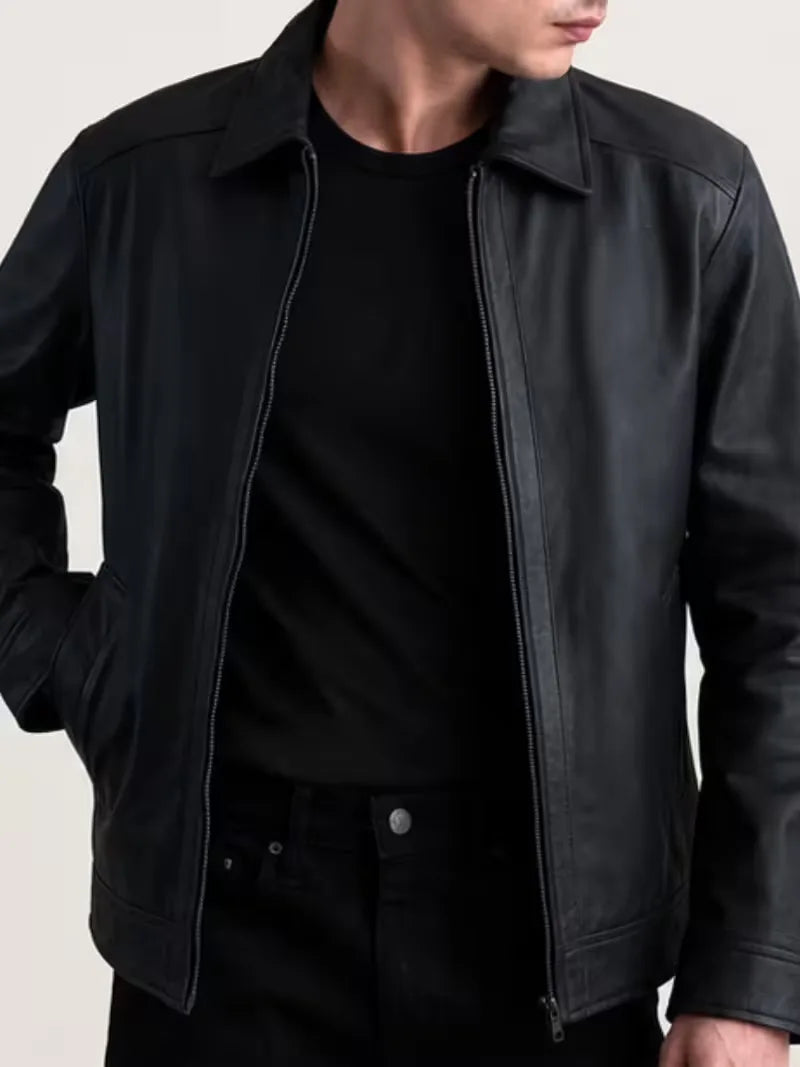 Men's black leather leather jacket, full length