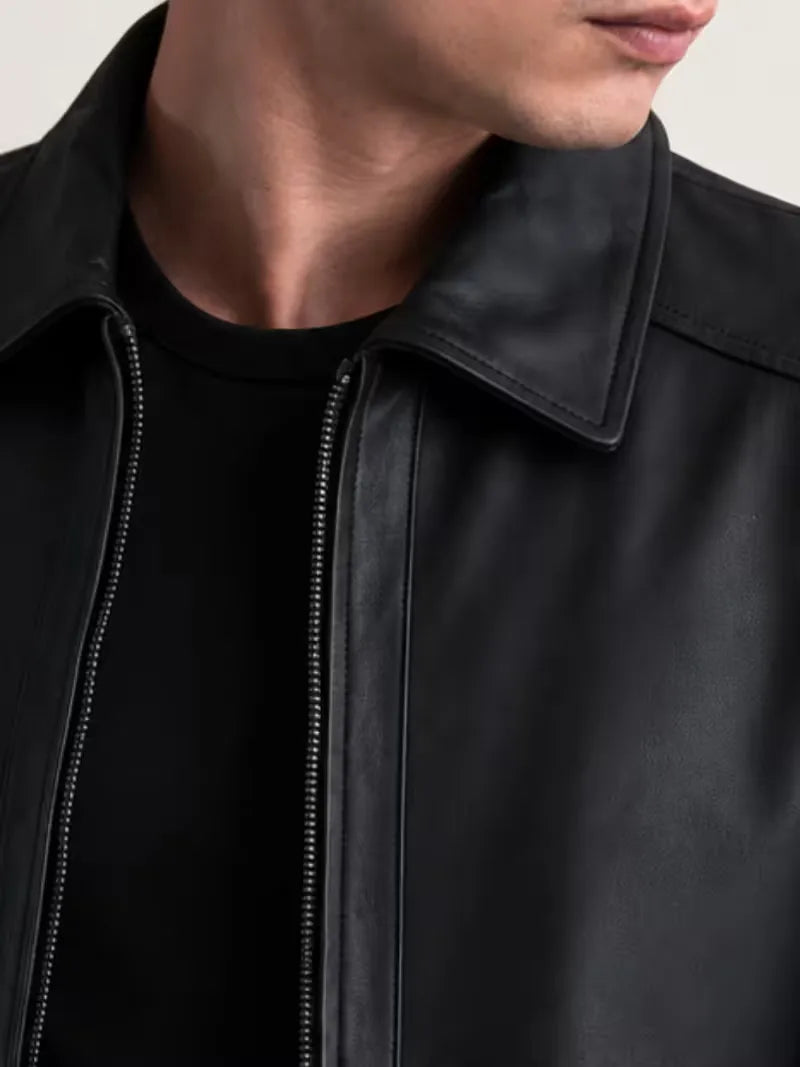 Men's black leather leather jacket, worn on model