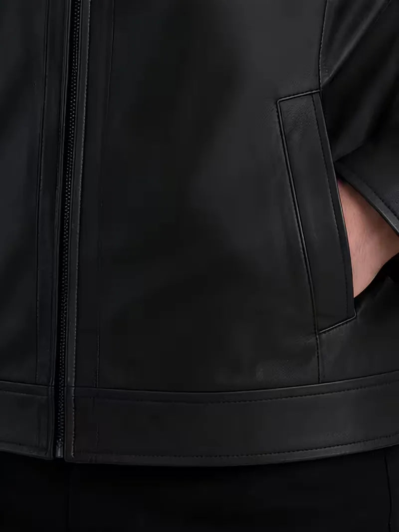 Men's black leather leather jacket, front view