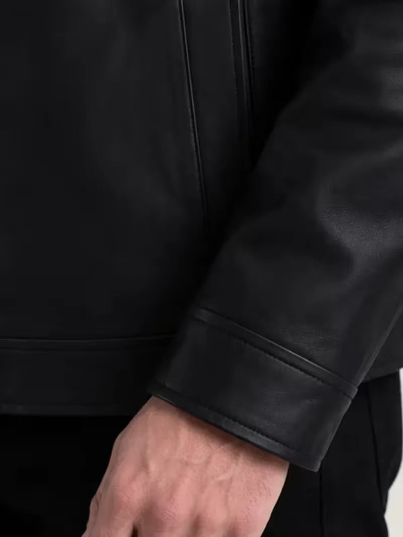Men's black leather leather jacket, back view
