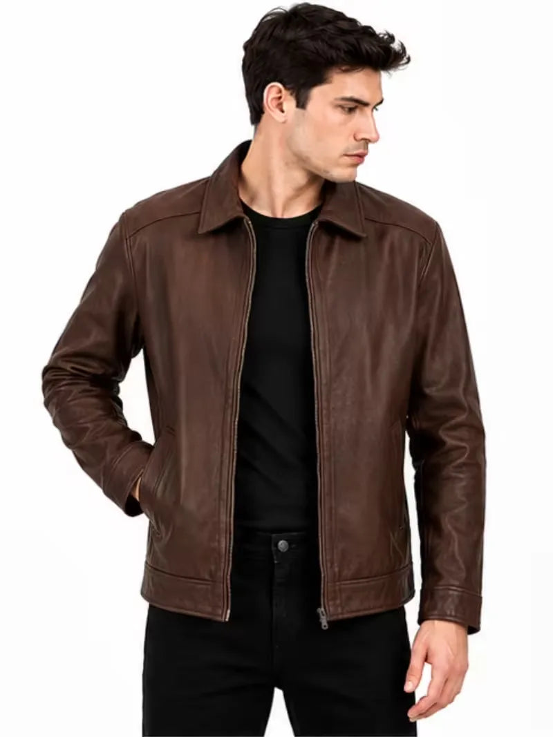 Men's black leather leather jacket, zip and closure detail